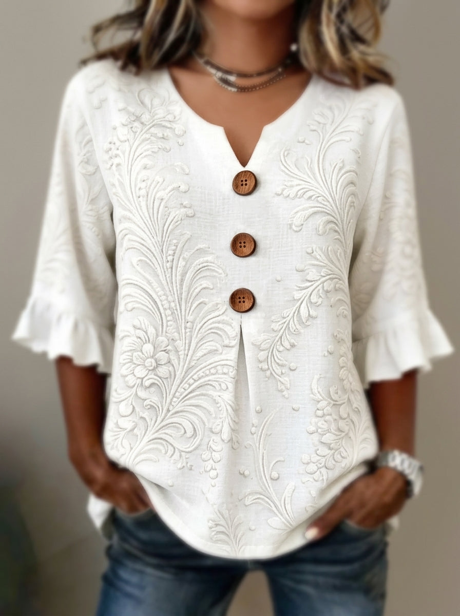 White Tonal Damask Print Blouse - Wood Button Ruffle Sleeve V-Neck