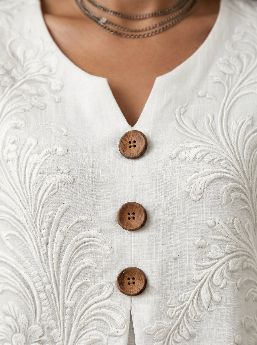 White Tonal Damask Print Blouse - Wood Button Ruffle Sleeve V-Neck