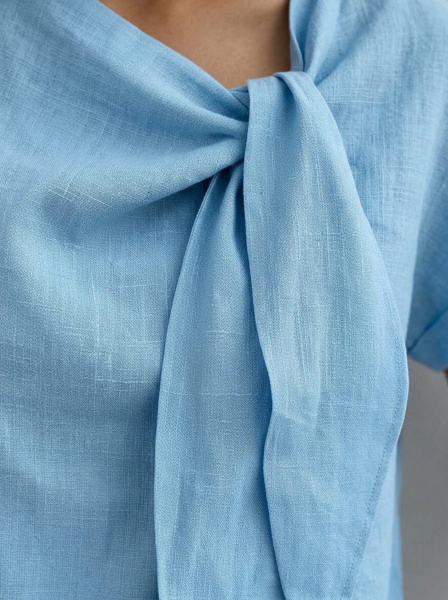 Casual Linen Cotton Tie-Neck Blouse in Light Blue - Short Sleeve Draped Bow Top