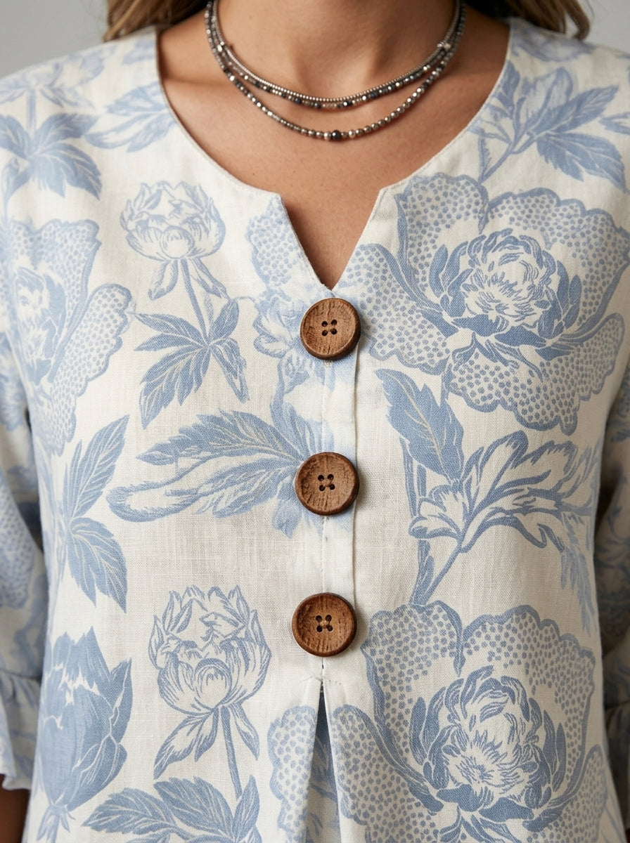 Casual Floral Print Button-Front Top in Blue and White - Ruffle Sleeve V-Neck Blouse