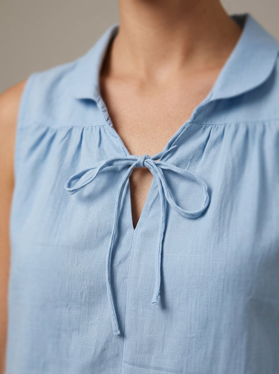 Light Blue Tie-Neck Collared Blouse - Sleeveless Cotton Top