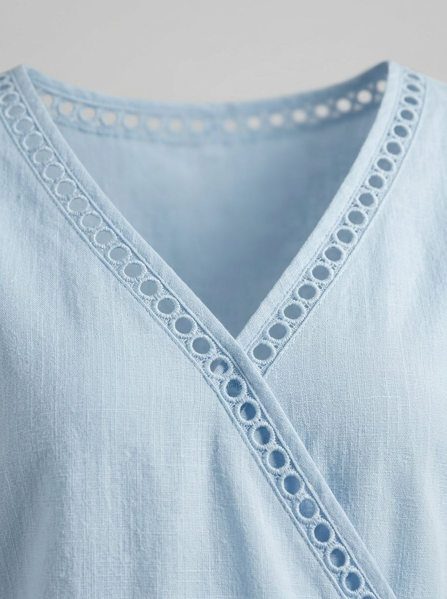 Blue Eyelet Trim V-Neck Blouse - Faux Wrap Short Sleeve Cotton Top