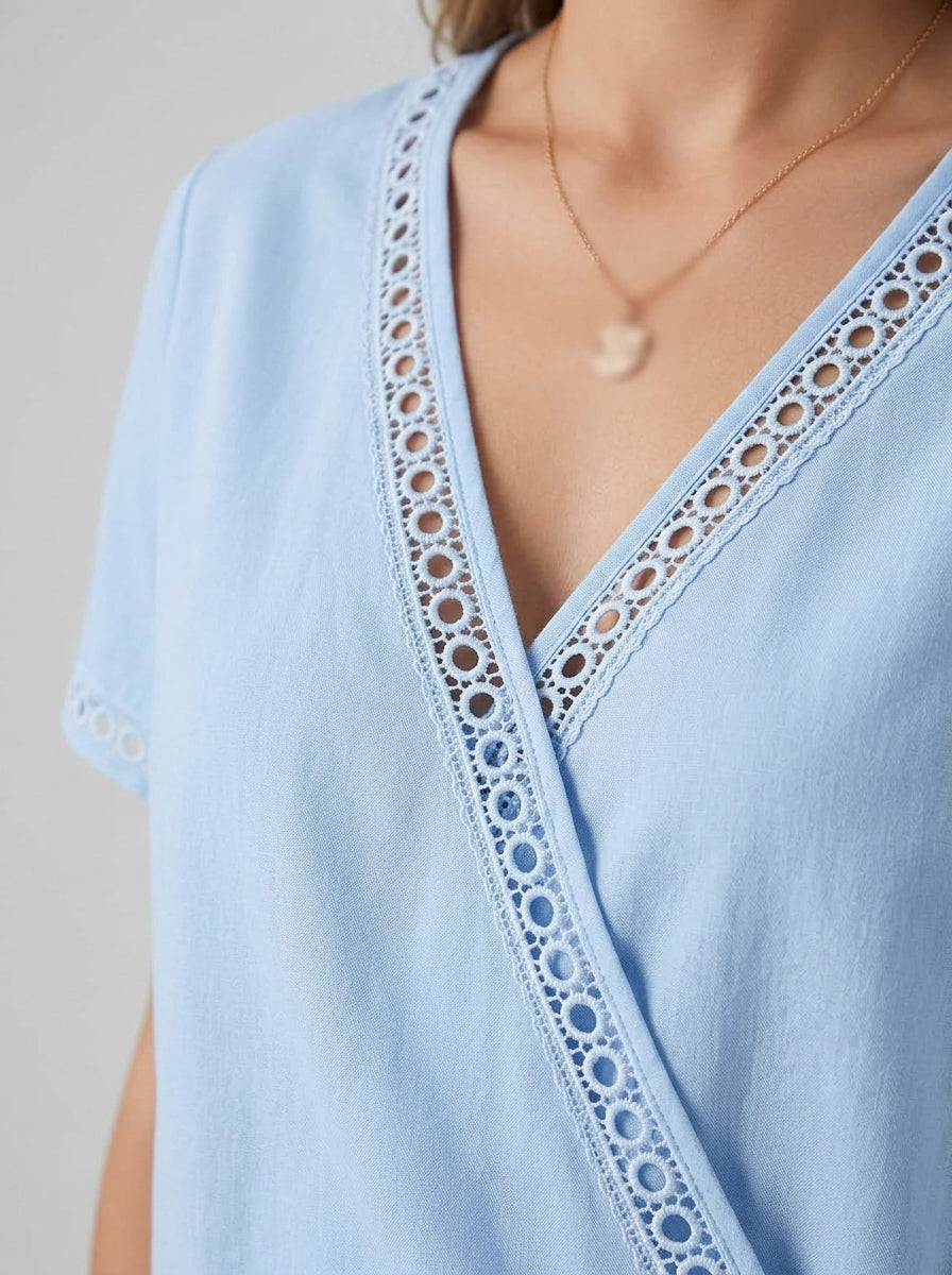 Blue Eyelet Trim V-Neck Blouse - Faux Wrap Short Sleeve Cotton Top