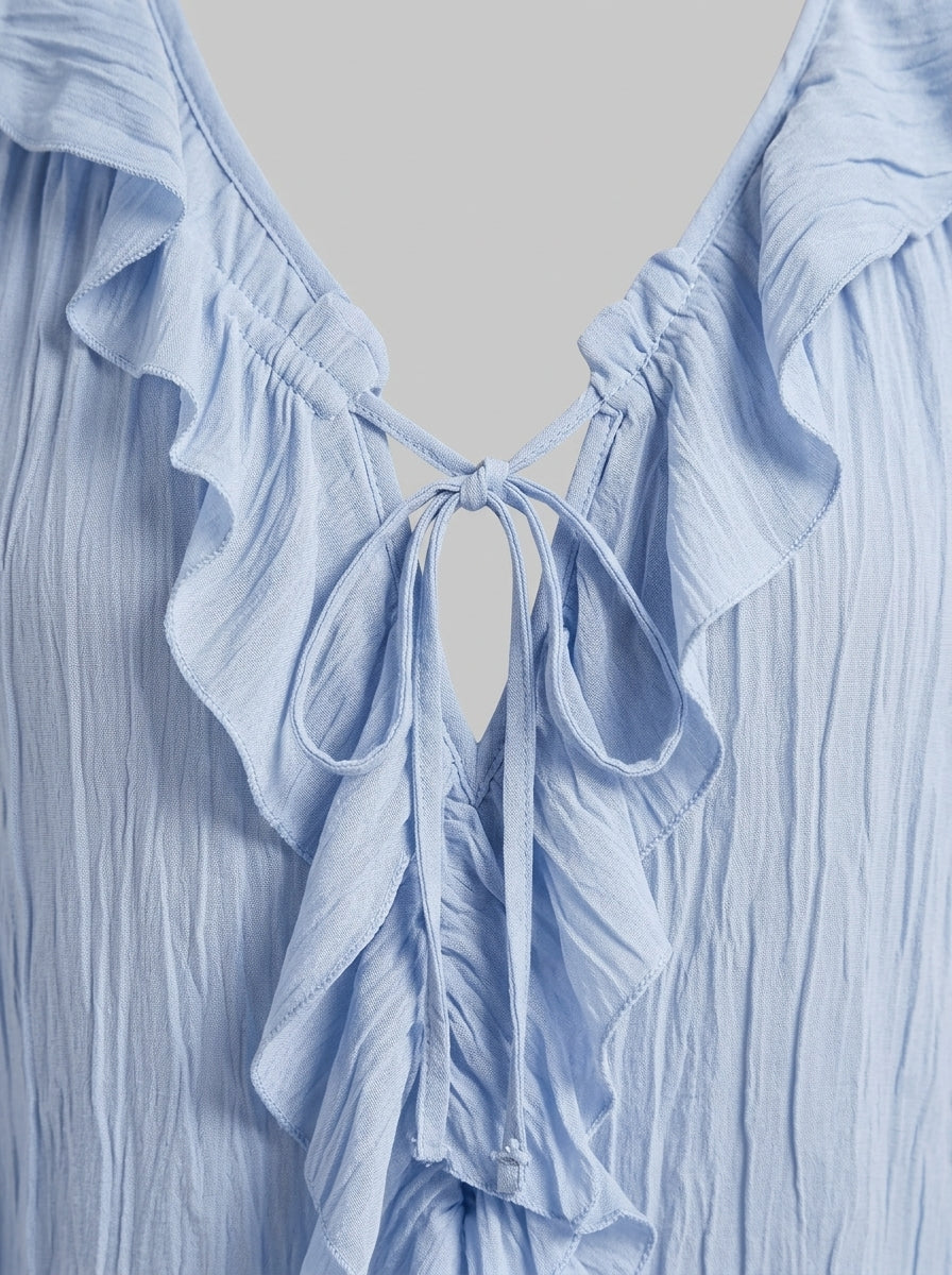 Ruffled Tie-Neck Textured Blouse - Light Blue Bell Sleeve Crinkle Top