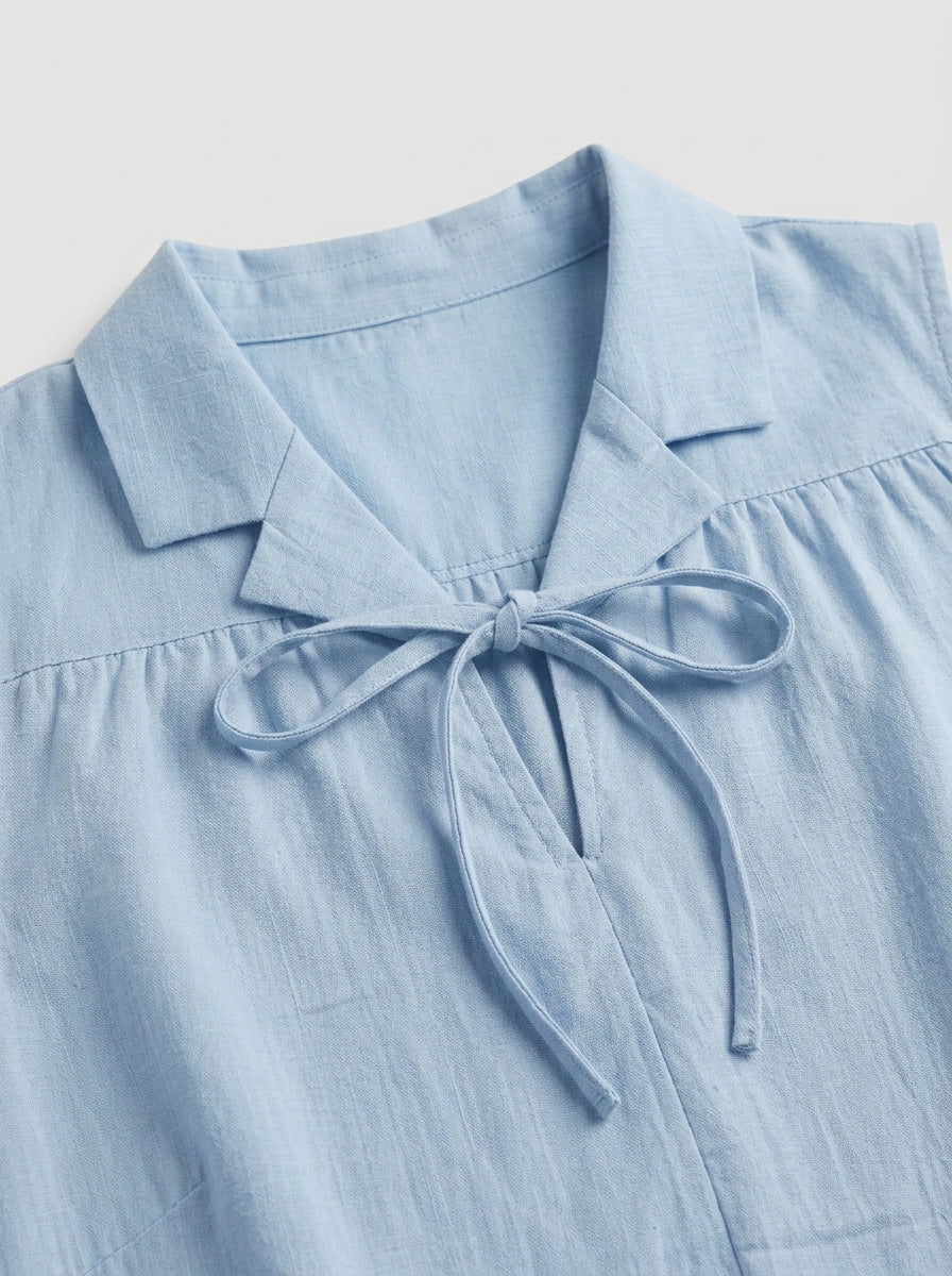 Light Blue Tie-Neck Collared Blouse - Sleeveless Cotton Top