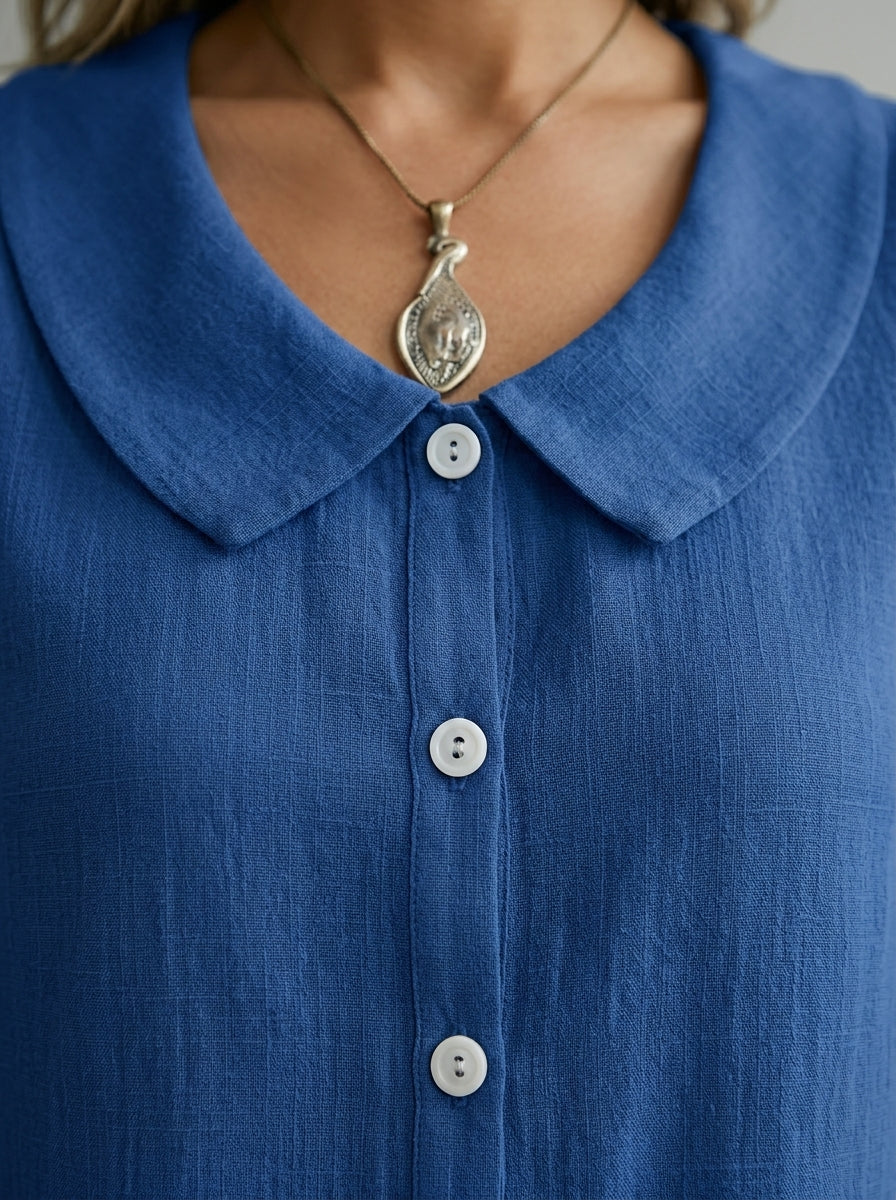 Retro Cotton Peter Pan Collar Button-Up Top in Blue - 3/4 Sleeve Relaxed Fit Blouse