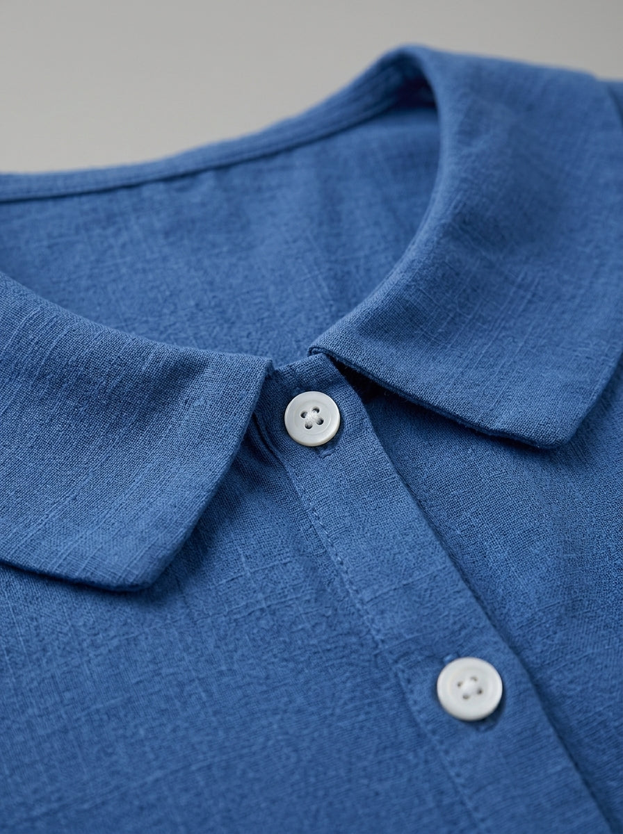 Retro Cotton Peter Pan Collar Button-Up Top in Blue - 3/4 Sleeve Relaxed Fit Blouse
