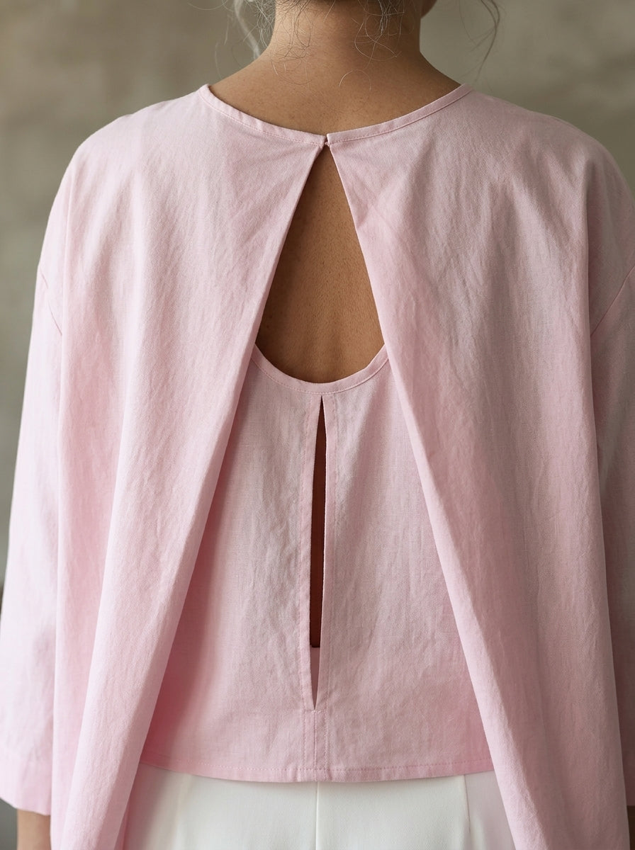 Elegant Cotton Open-Back Blouse in Blush Pink - Round Neck Keyhole Cutout Top