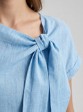 Casual Linen Cotton Tie-Neck Blouse in Light Blue - Short Sleeve Draped Bow Top