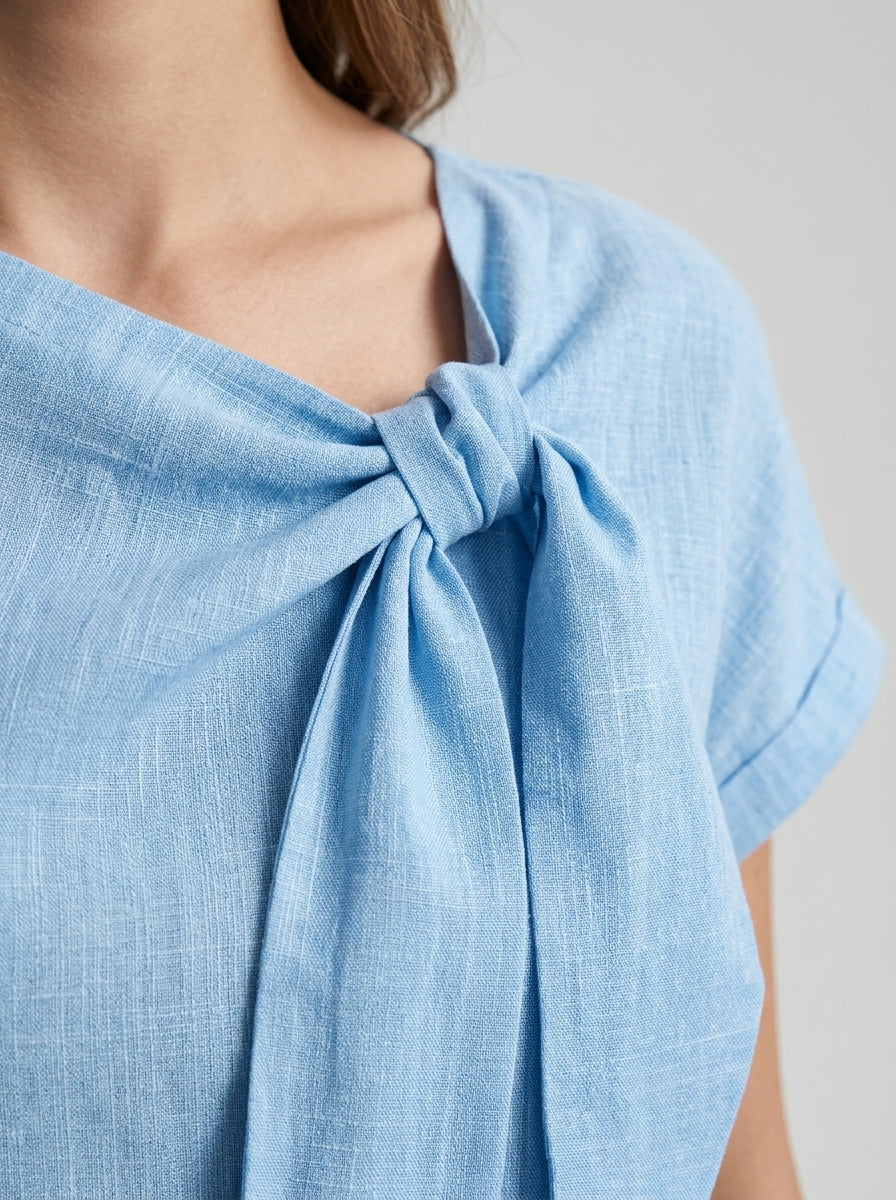 Casual Linen Cotton Tie-Neck Blouse in Light Blue - Short Sleeve Draped Bow Top