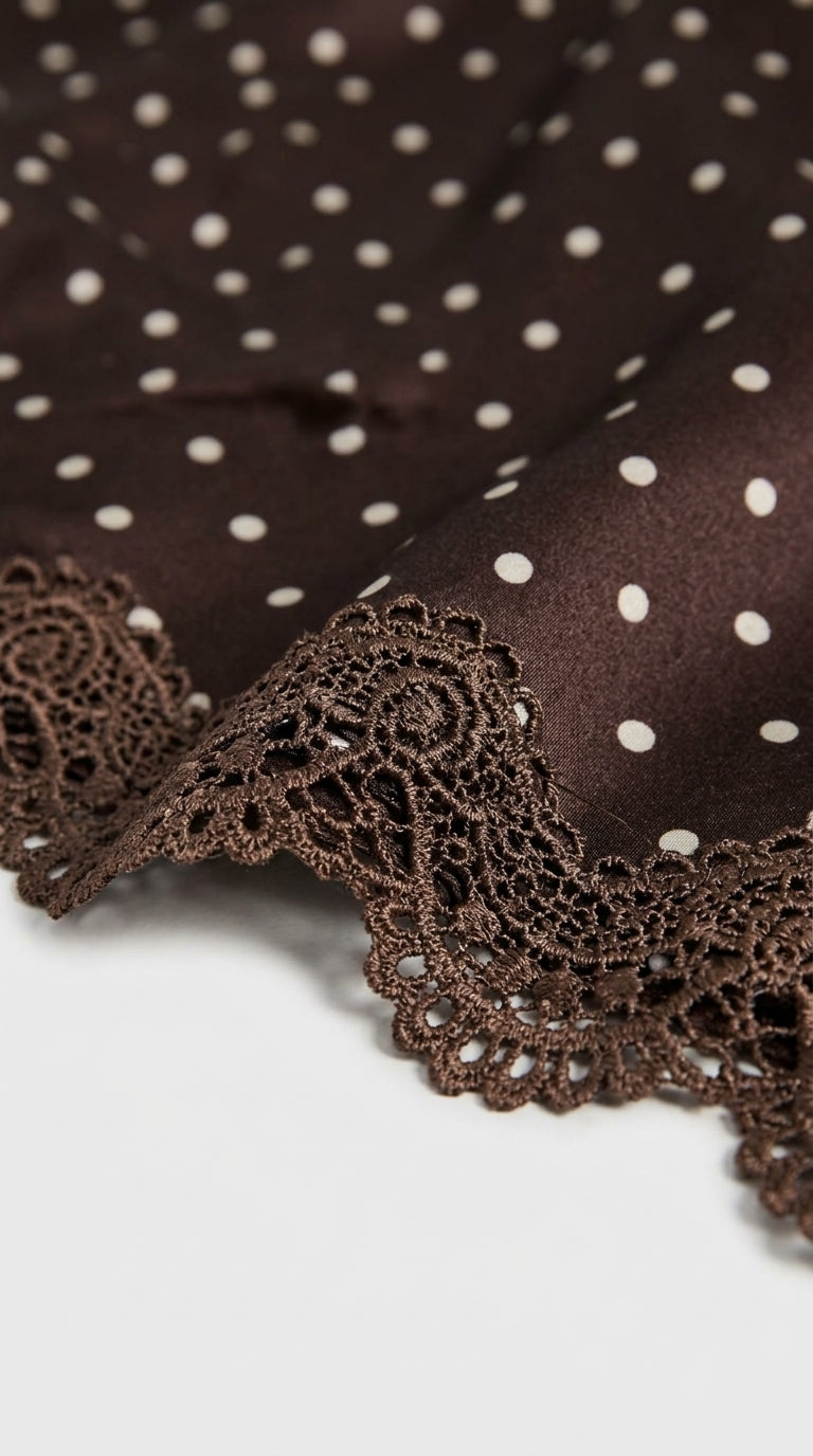 Polka Dot Satin Skirt with Lace Detail in Dark Brown - Elastic Waist Lace-Trim Maxi Skirt