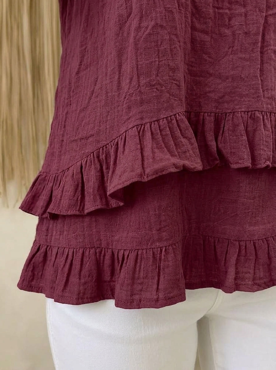 Casual Cotton Linen V-Neck Ruffle Blouse in Burgundy - 3/4 Sleeve Tiered Ruffle Hem Blouse