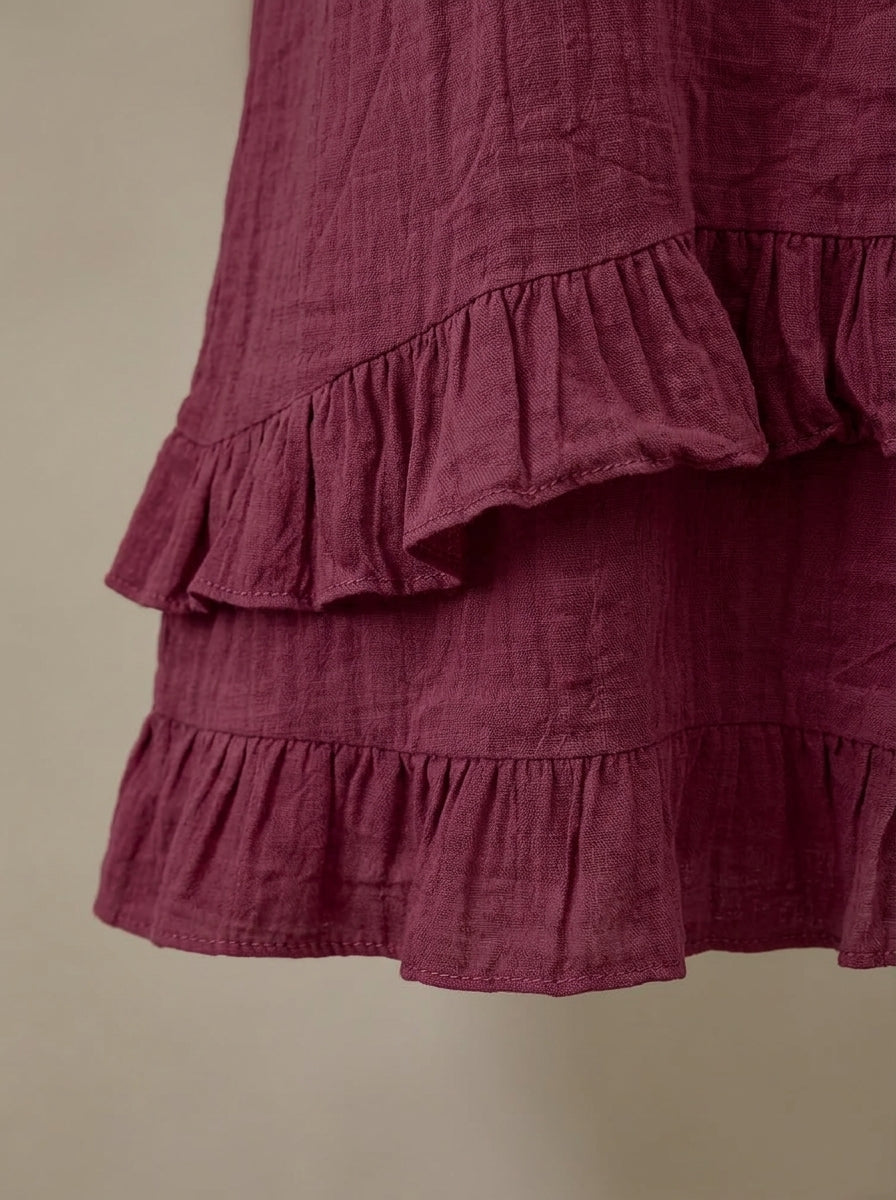 Casual Cotton Linen V-Neck Ruffle Blouse in Burgundy - 3/4 Sleeve Tiered Ruffle Hem Blouse