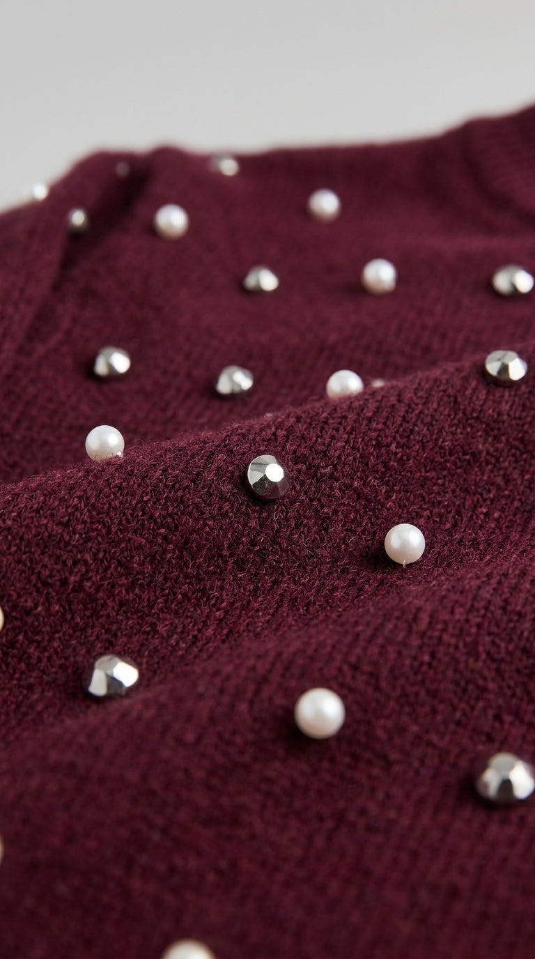 Sabrina Studded Sweater in Burgundy - Crew Neck Pearl-Embellished Knit