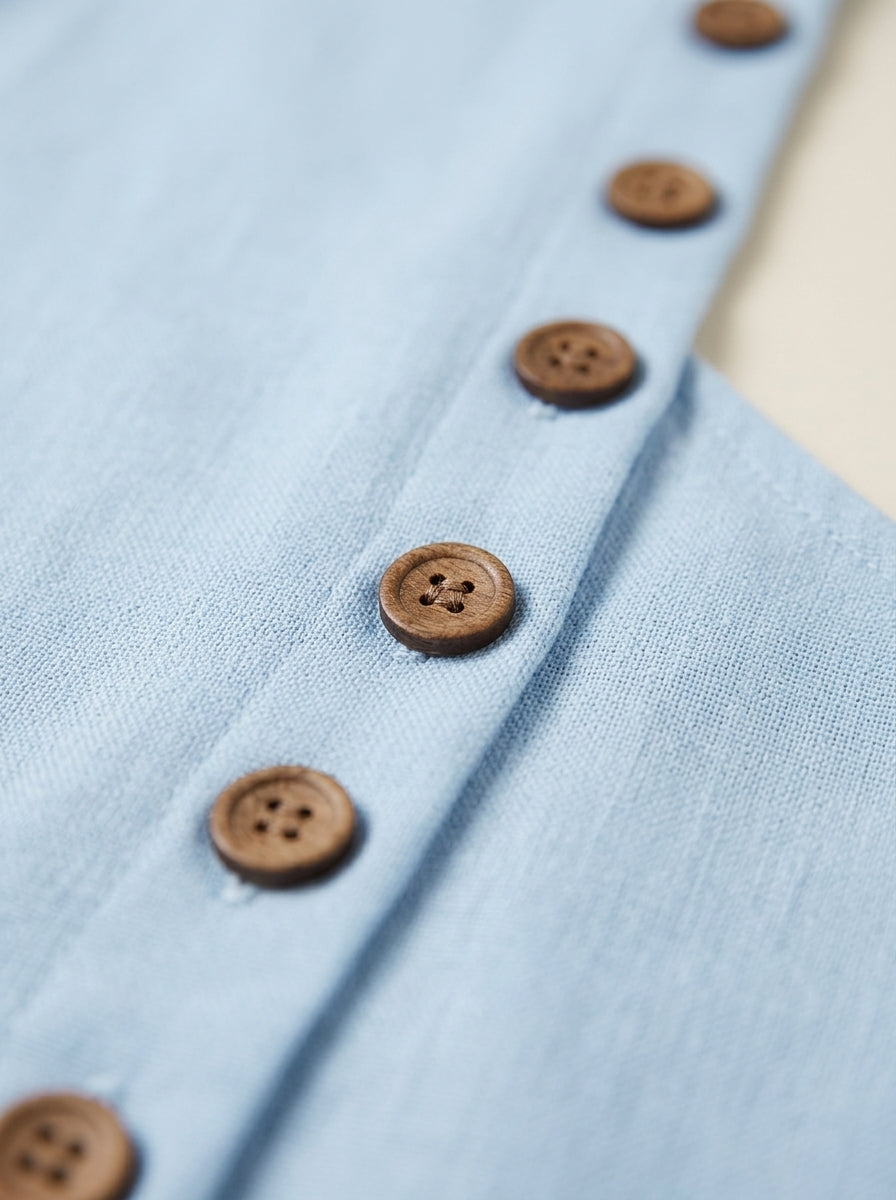 Casual Solid Color Top in Light Blue - Asymmetric Button Trim V-Neck Ruffle Sleeve Top
