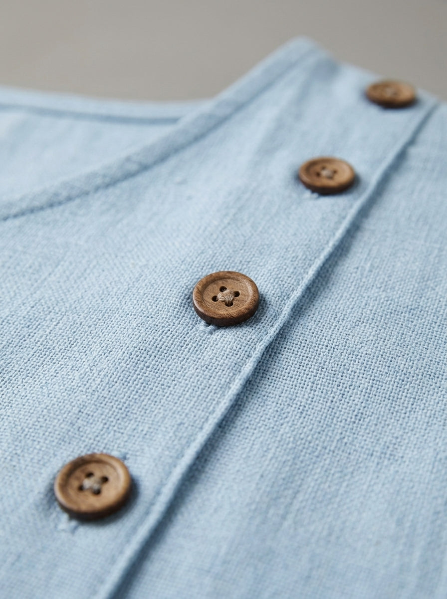 Casual Solid Color Top in Light Blue - Asymmetric Button Trim V-Neck Ruffle Sleeve Top