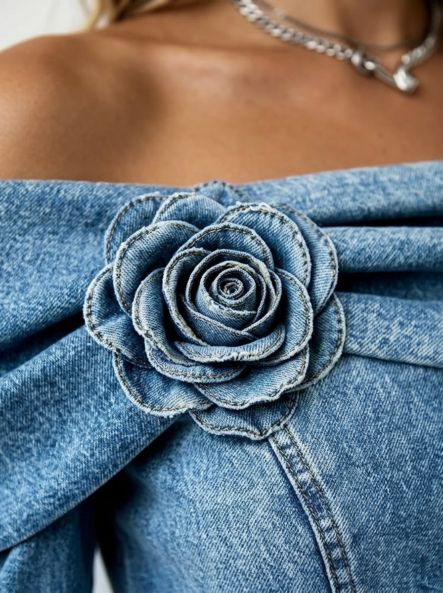 Off-Shoulder Denim Peplum Top - Blue Rosette Flower Detail Blouse