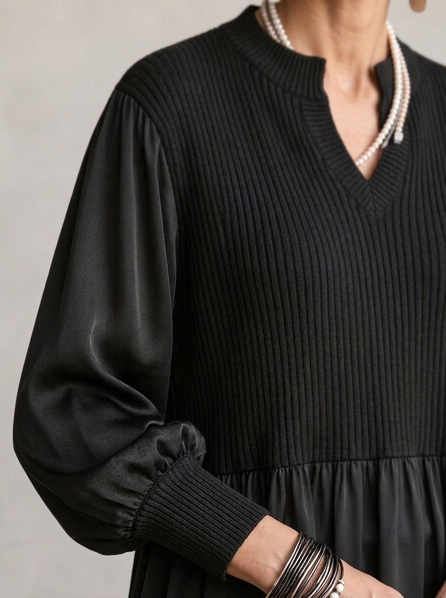 Ribbed Peplum Mixed-Media Tunic - Black Split V-Neck Bishop Sleeve Blouse