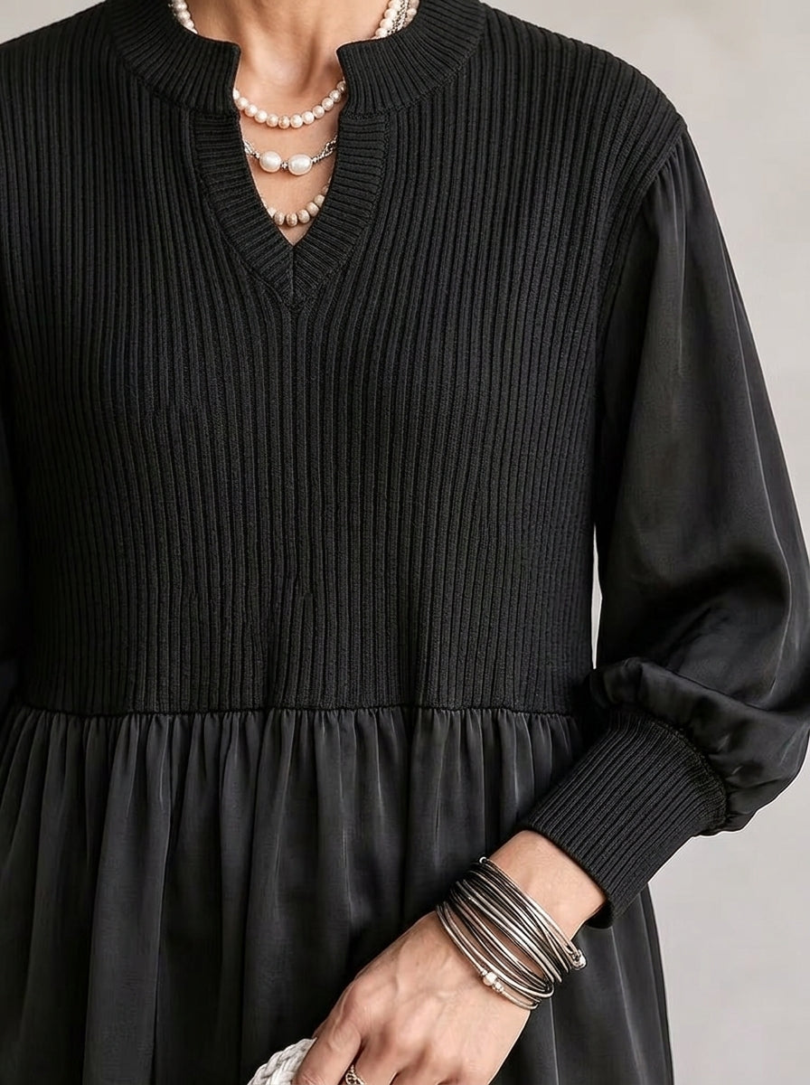 Ribbed Peplum Mixed-Media Tunic - Black Split V-Neck Bishop Sleeve Blouse