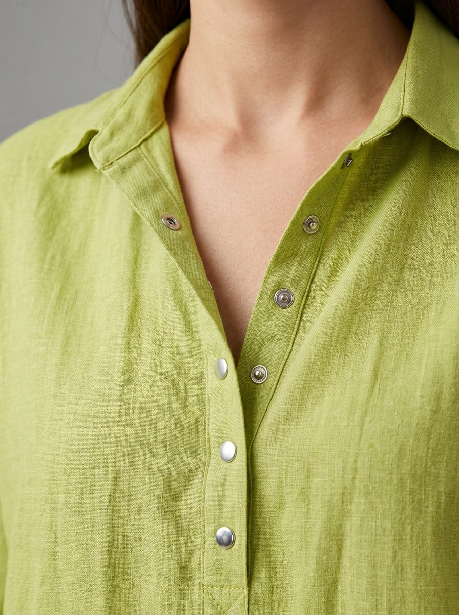 Casual Cotton Linen Snap-Button Polo Top in Chartreuse Green - Short Sleeve Relaxed Fit Polo