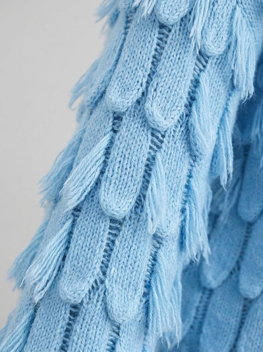 Boho Feather-shaped Bell-sleeve Knit Pullover - Sky Blue Off-Shoulder Fringe Knit Sweater