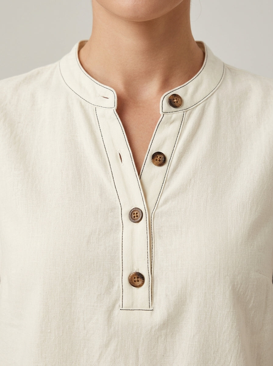 White Contrast Stitch Henley - Sleeveless Mandarin Collar Casual Top