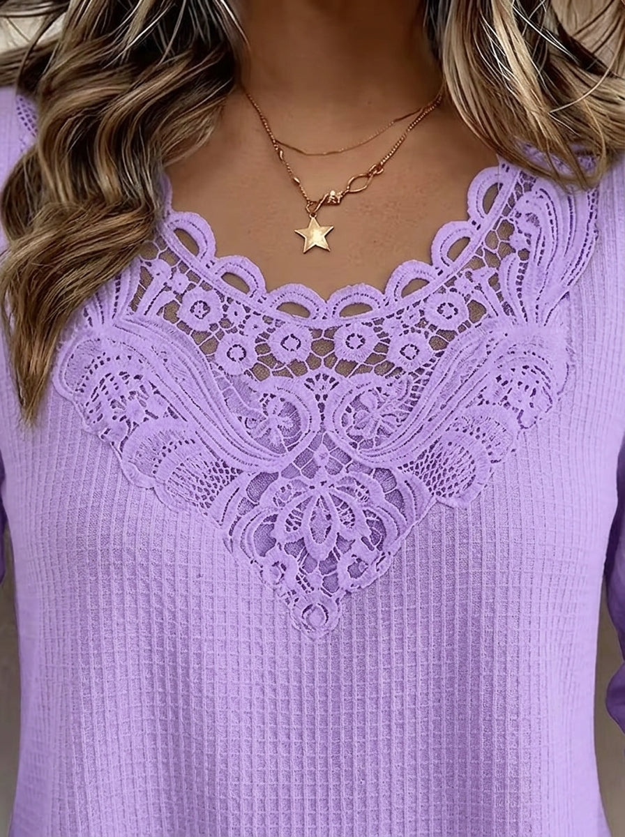Lace Insert V-Neck Long Sleeve Top - Purple Scalloped Crochet Trim Blouse