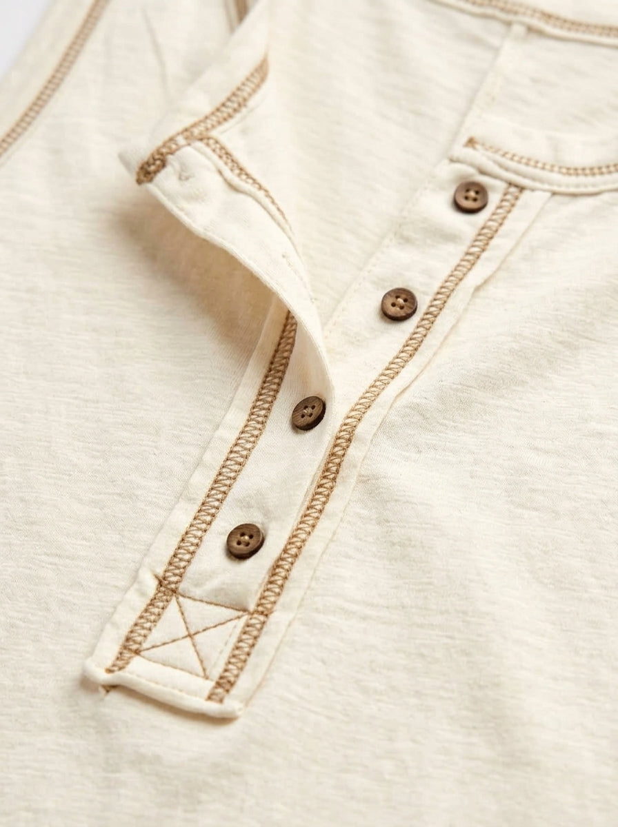 Cream Contrast Stitch Henley Tank - Cotton Linen Button Placket Top