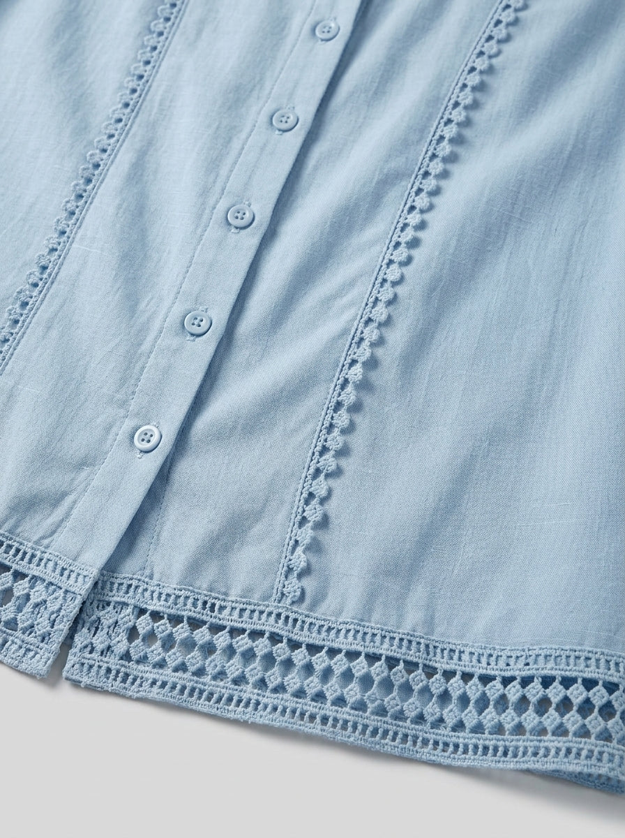 Blue Crochet Trim Button Vest - Sleeveless Linen Cotton Cardigan