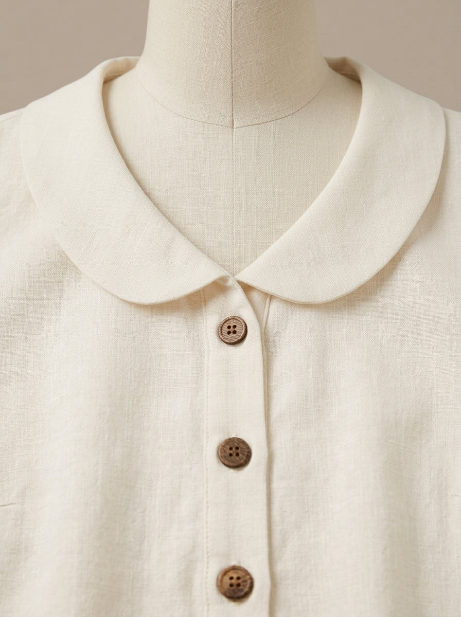 White Collared Button-Front Blouse - Casual Cotton Short Sleeve Top
