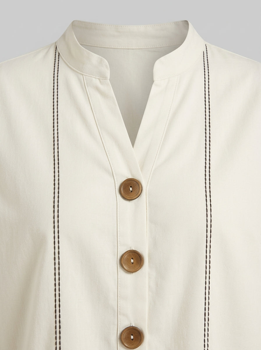 White Contrast Stitch Button-Front Blouse - Casual Cotton Top