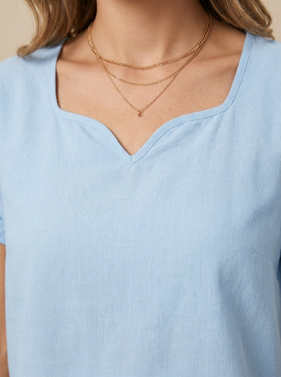 Sweetheart Neckline Short Sleeve Top - Solid Color Casual Blouse