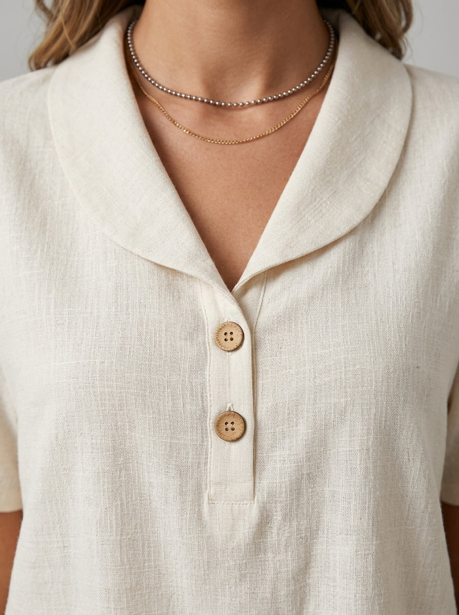 Collared Two-Button Placket Top - Short Sleeve Cotton Linen Blouse