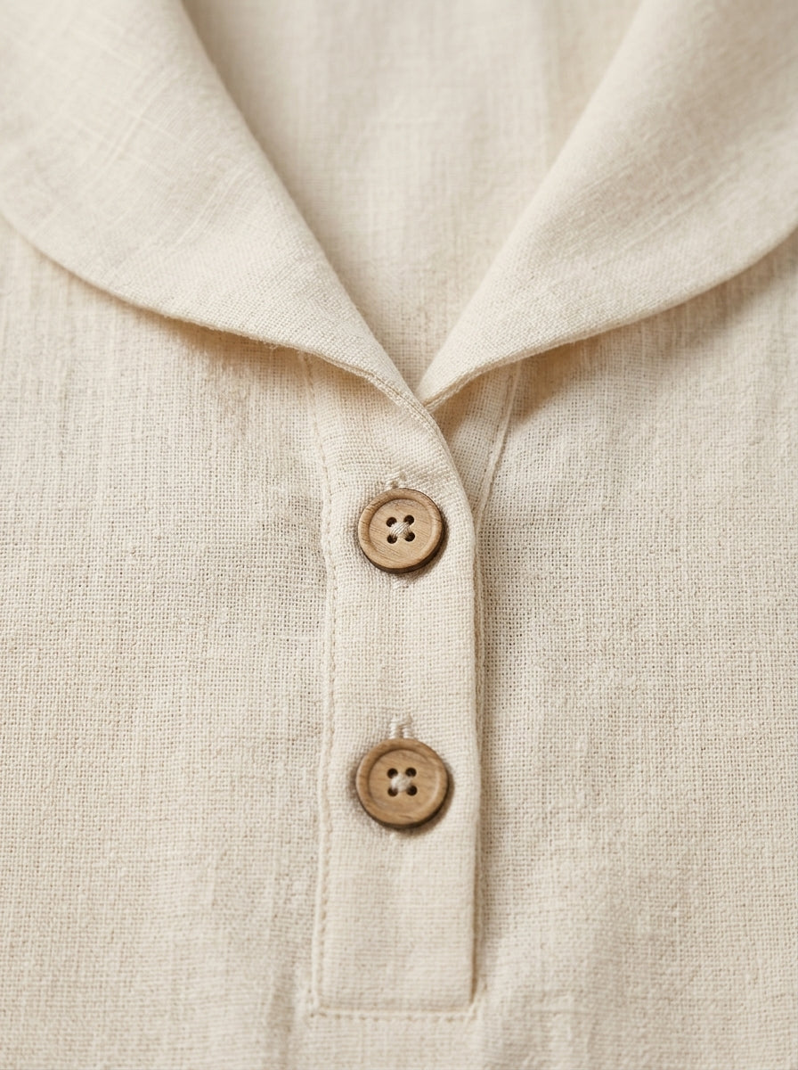Collared Two-Button Placket Top - Short Sleeve Cotton Linen Blouse