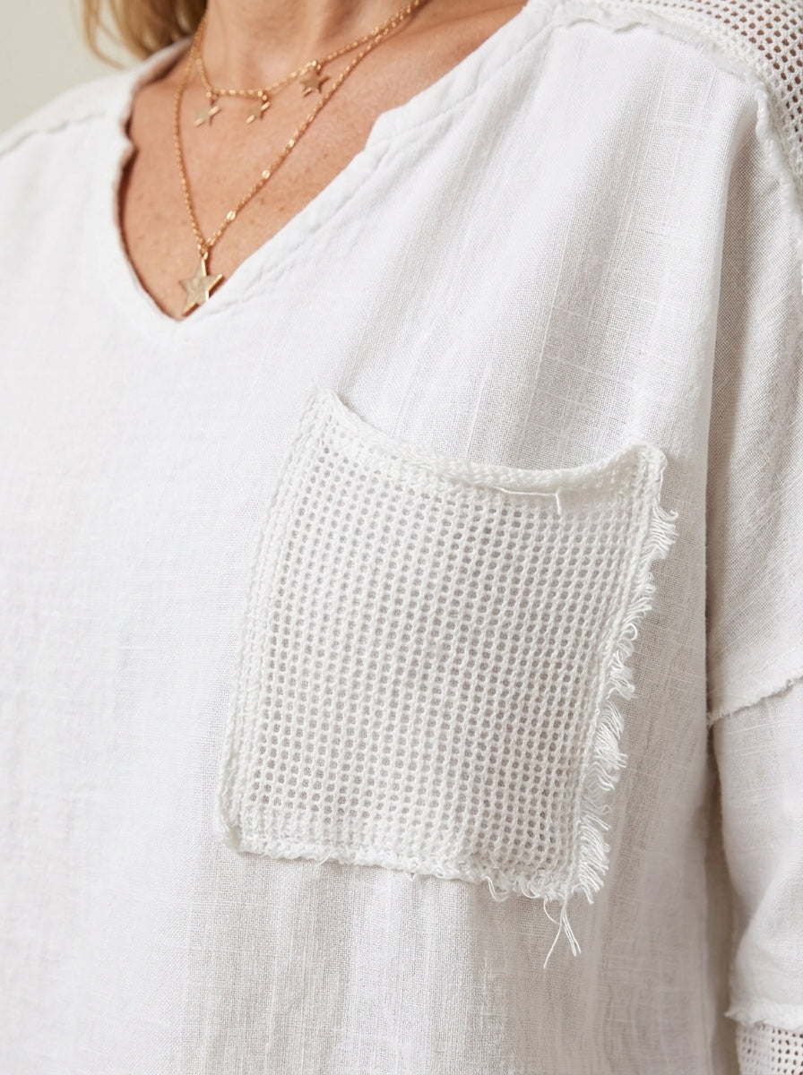 Casual Linen Cotton Color-Block Top in White - Raw-Edge Waffle Knit V-Neck Top