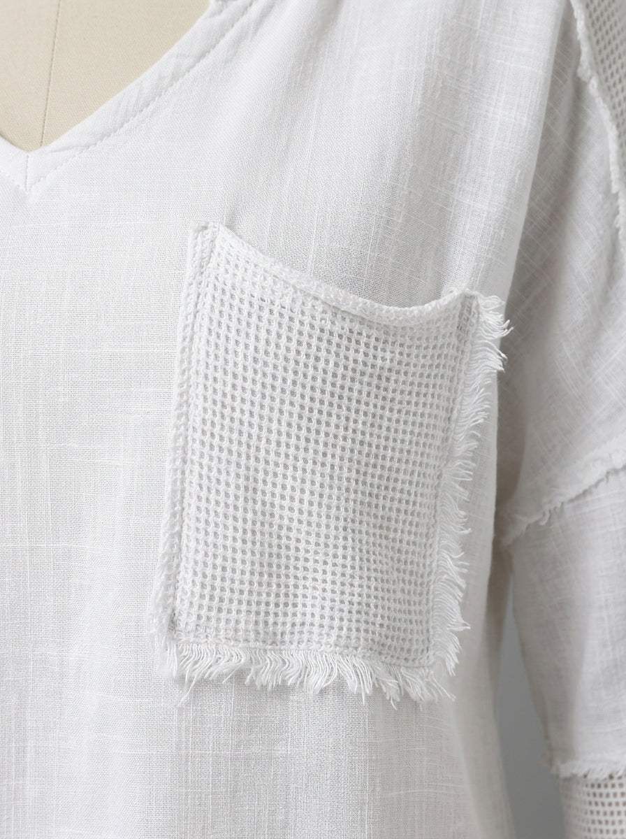Casual Linen Cotton Color-Block Top in White - Raw-Edge Waffle Knit V-Neck Top