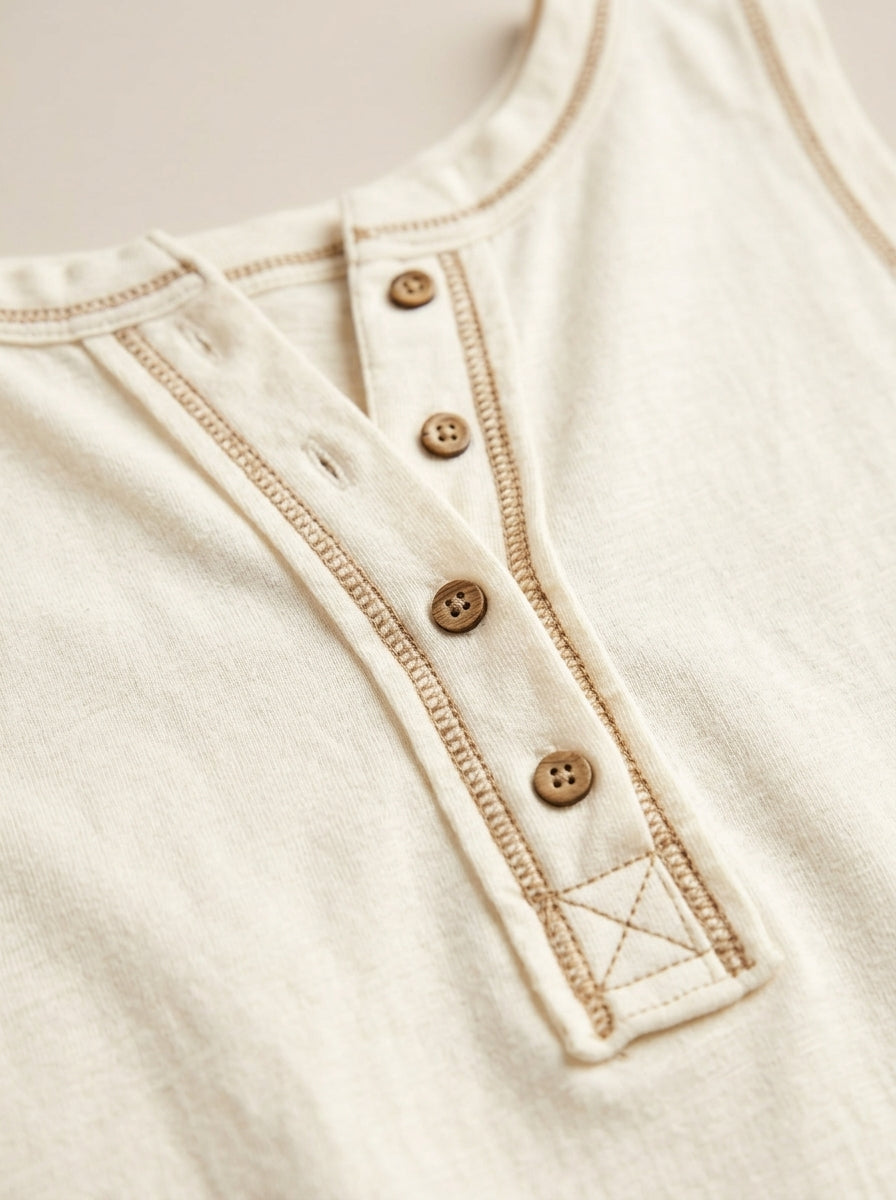 Cream Contrast Stitch Henley Tank - Cotton Linen Button Placket Top