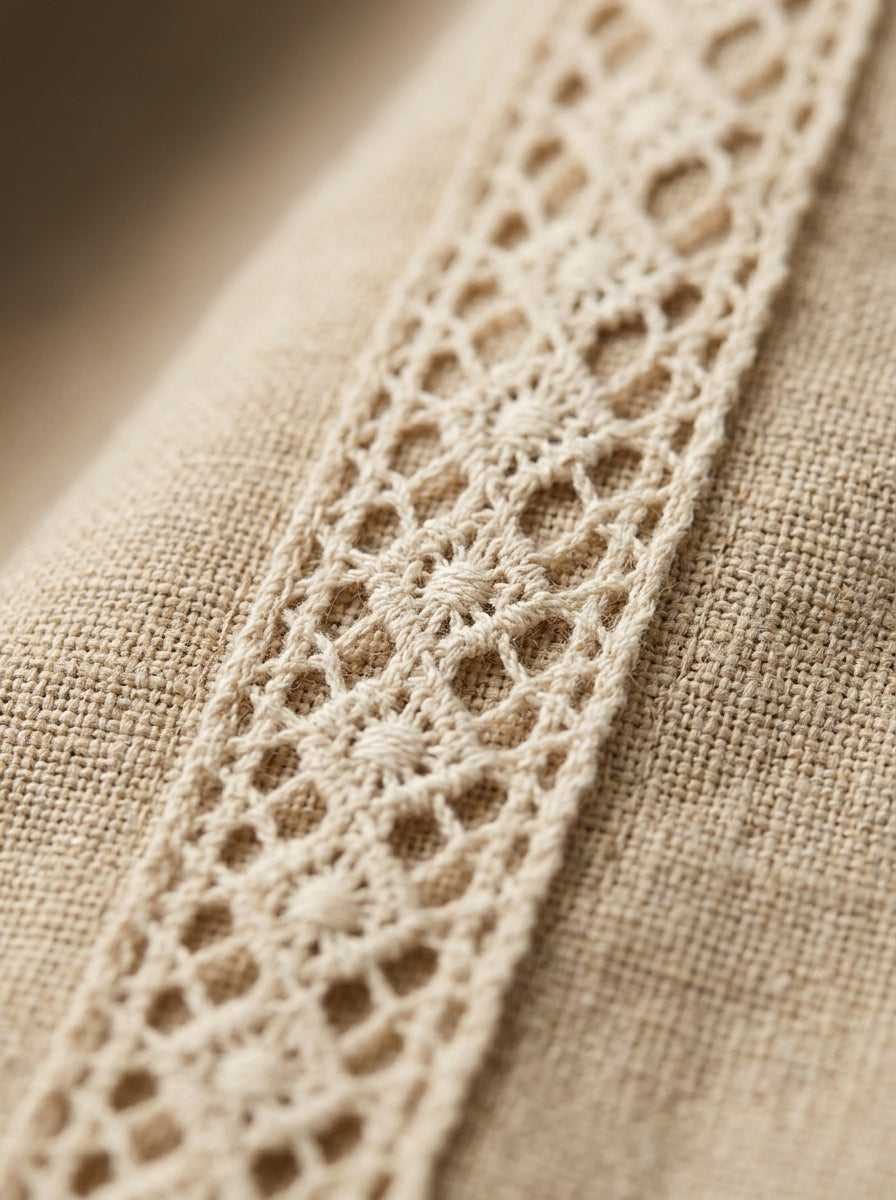 Casual Linen Cotton Lace-Trim Babydoll Blouse in Beige - V-Neck 3/4 Sleeve Top