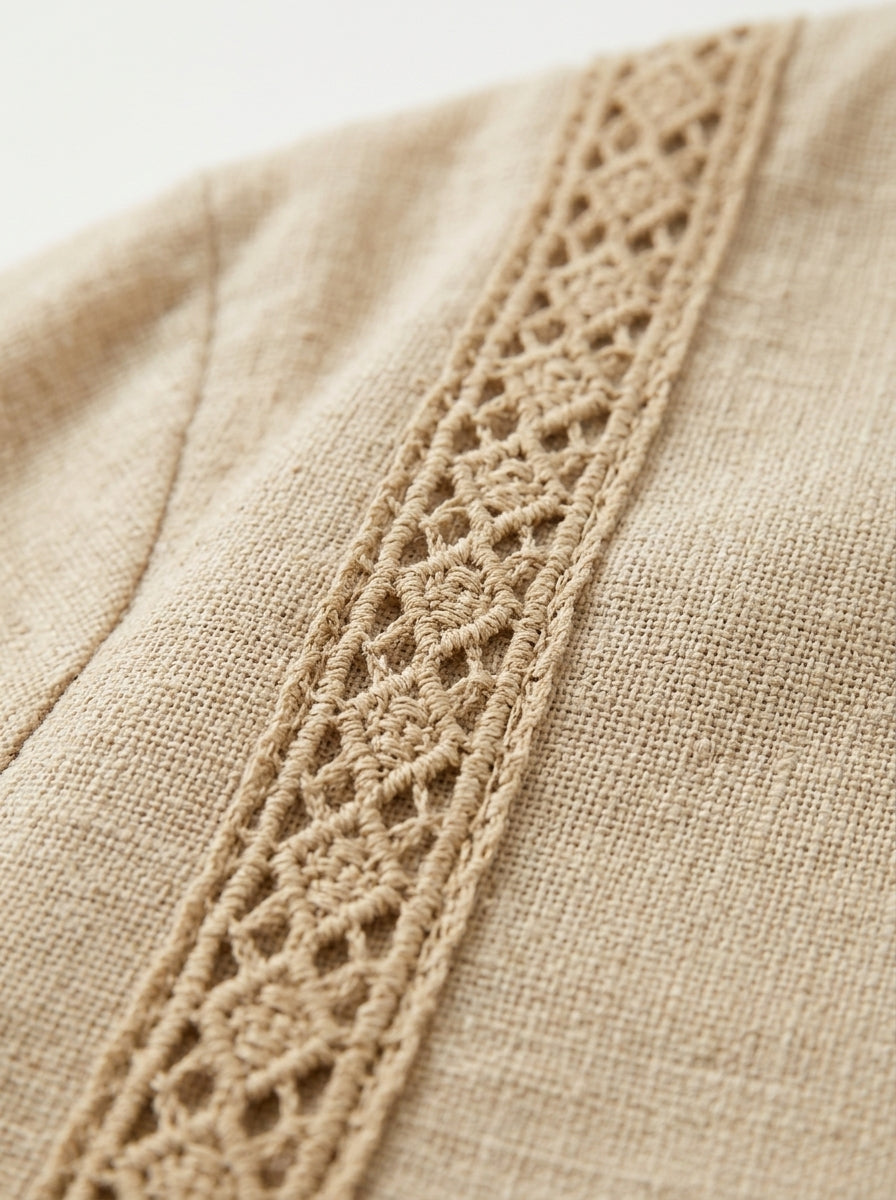 Casual Linen Cotton Lace-Trim Babydoll Blouse in Beige - V-Neck 3/4 Sleeve Top