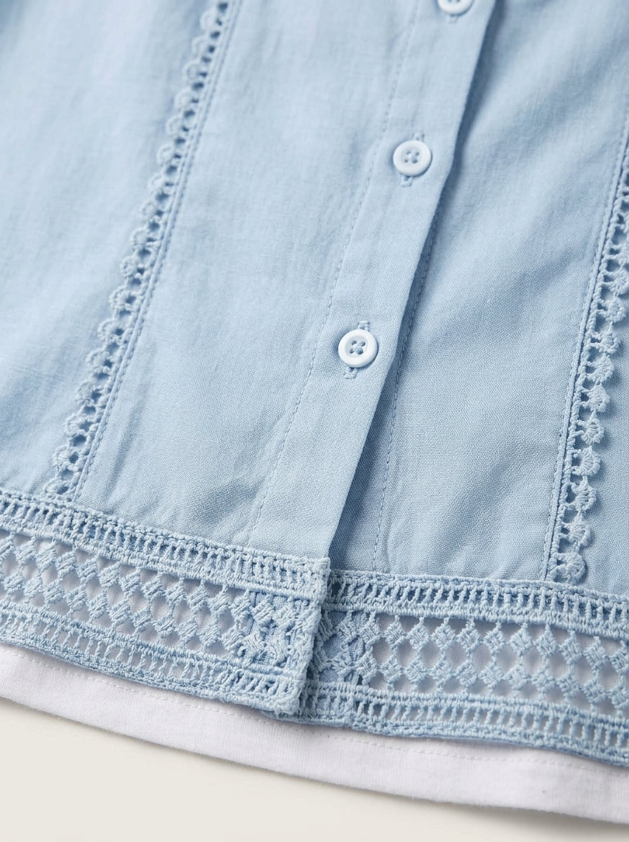 Blue Crochet Trim Button Vest - Sleeveless Linen Cotton Cardigan