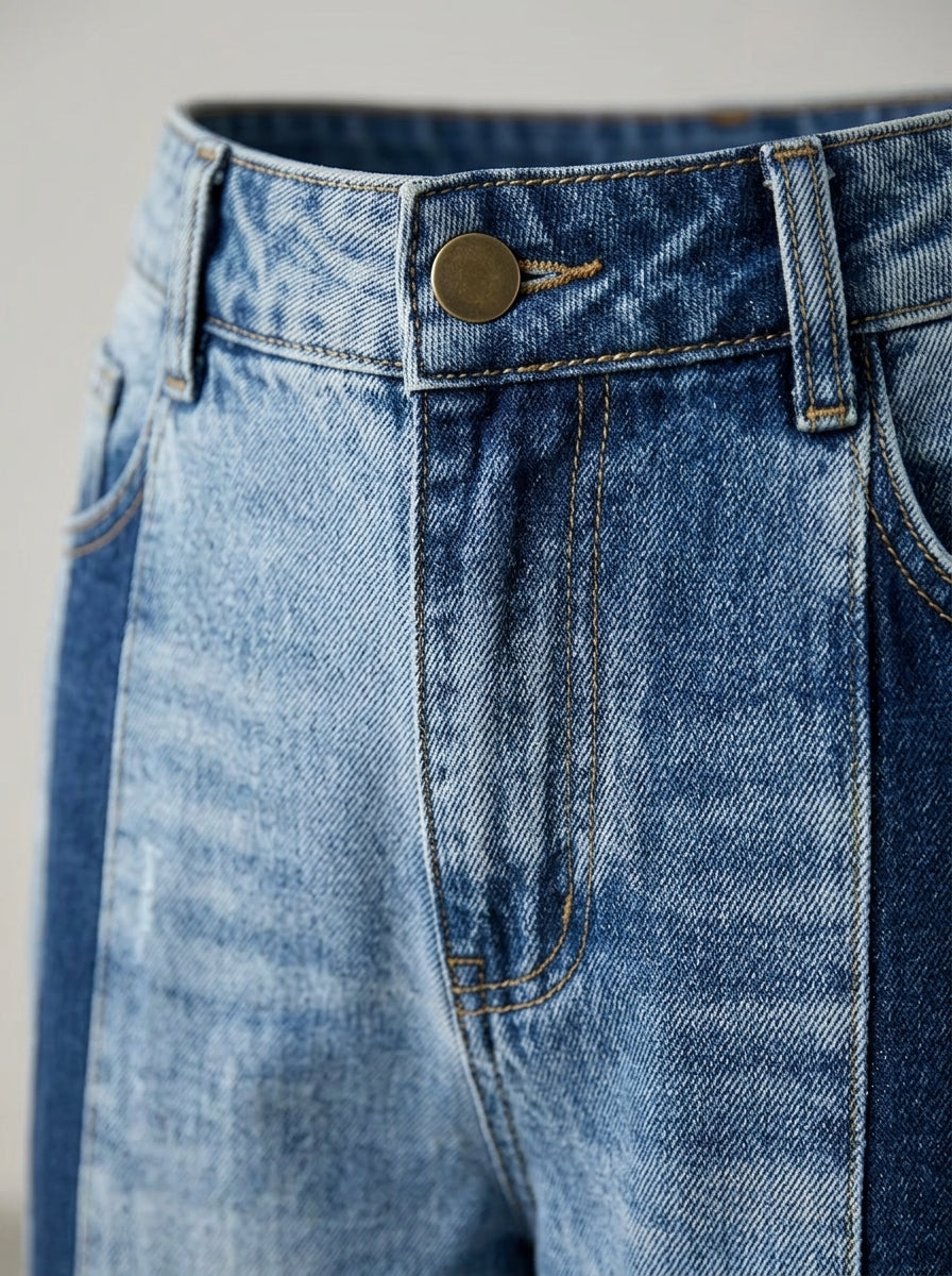 Color-Block Patchwork Wide-Leg Jeans - High-Waist Contrast Denim Pants