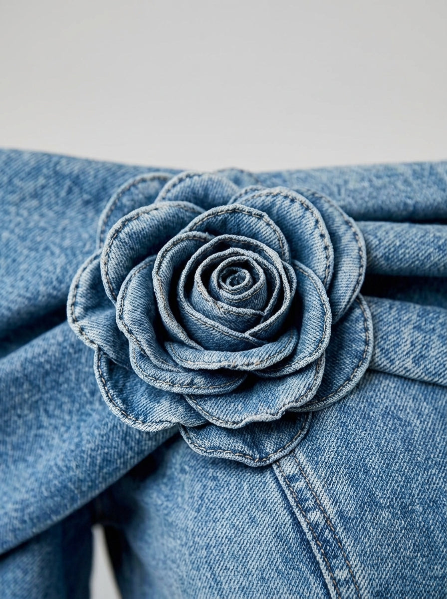 Off-Shoulder Denim Peplum Top - Blue Rosette Flower Detail Blouse