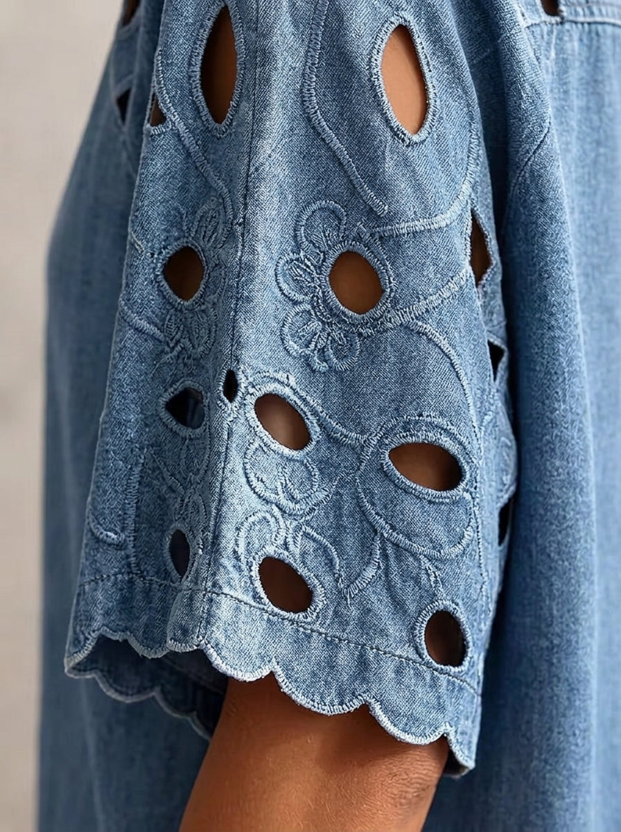 Vintage-Style Denim Shirt with Cutout Floral Lace Sleeve Panels - Button-Up Scalloped Sleeve Blouse