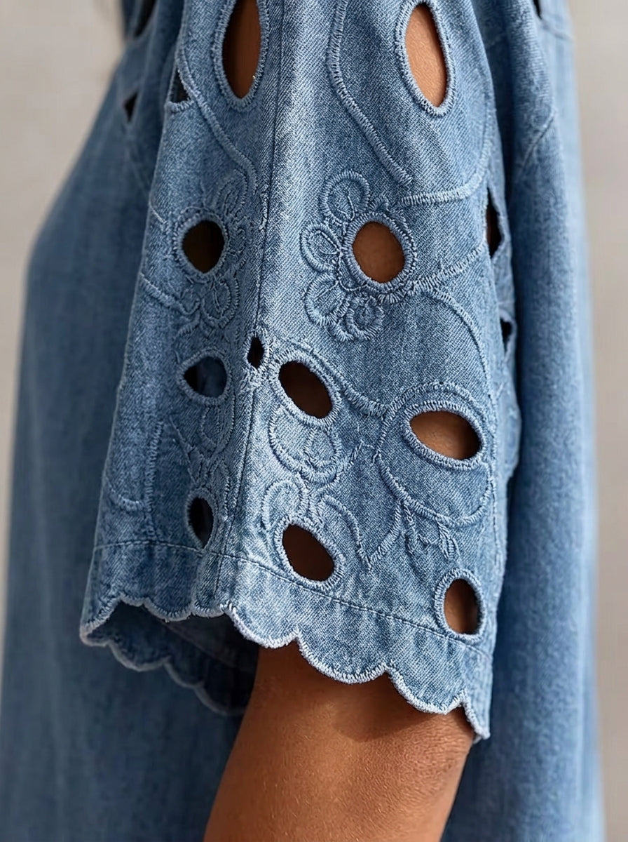 Vintage-Style Denim Shirt with Cutout Floral Lace Sleeve Panels - Button-Up Scalloped Sleeve Blouse