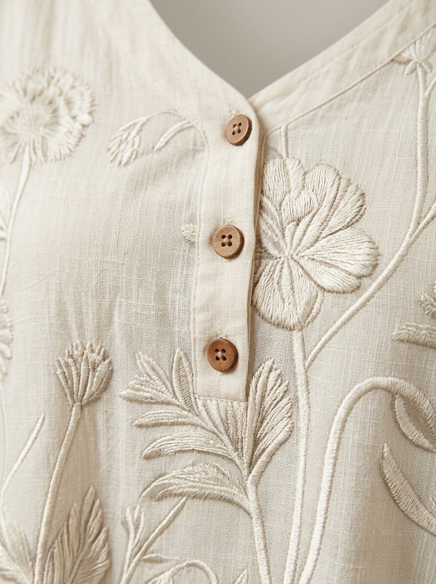 Retro Floral Embroidered V-Neck Ruffle Blouse in Cream - Button Placket 3/4 Sleeve Top