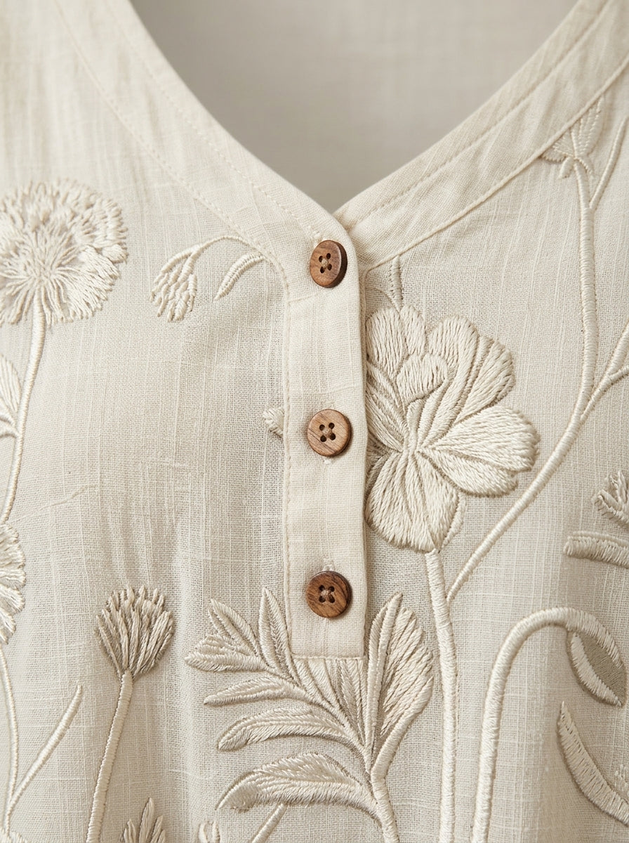 Retro Floral Embroidered V-Neck Ruffle Blouse in Cream - Button Placket 3/4 Sleeve Top