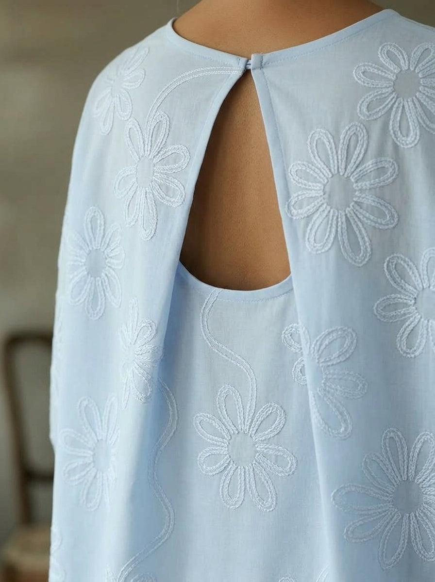 Romantic Floral Embroidered Open-Back Blouse in Light Blue - Round Neck Keyhole Cutout Top