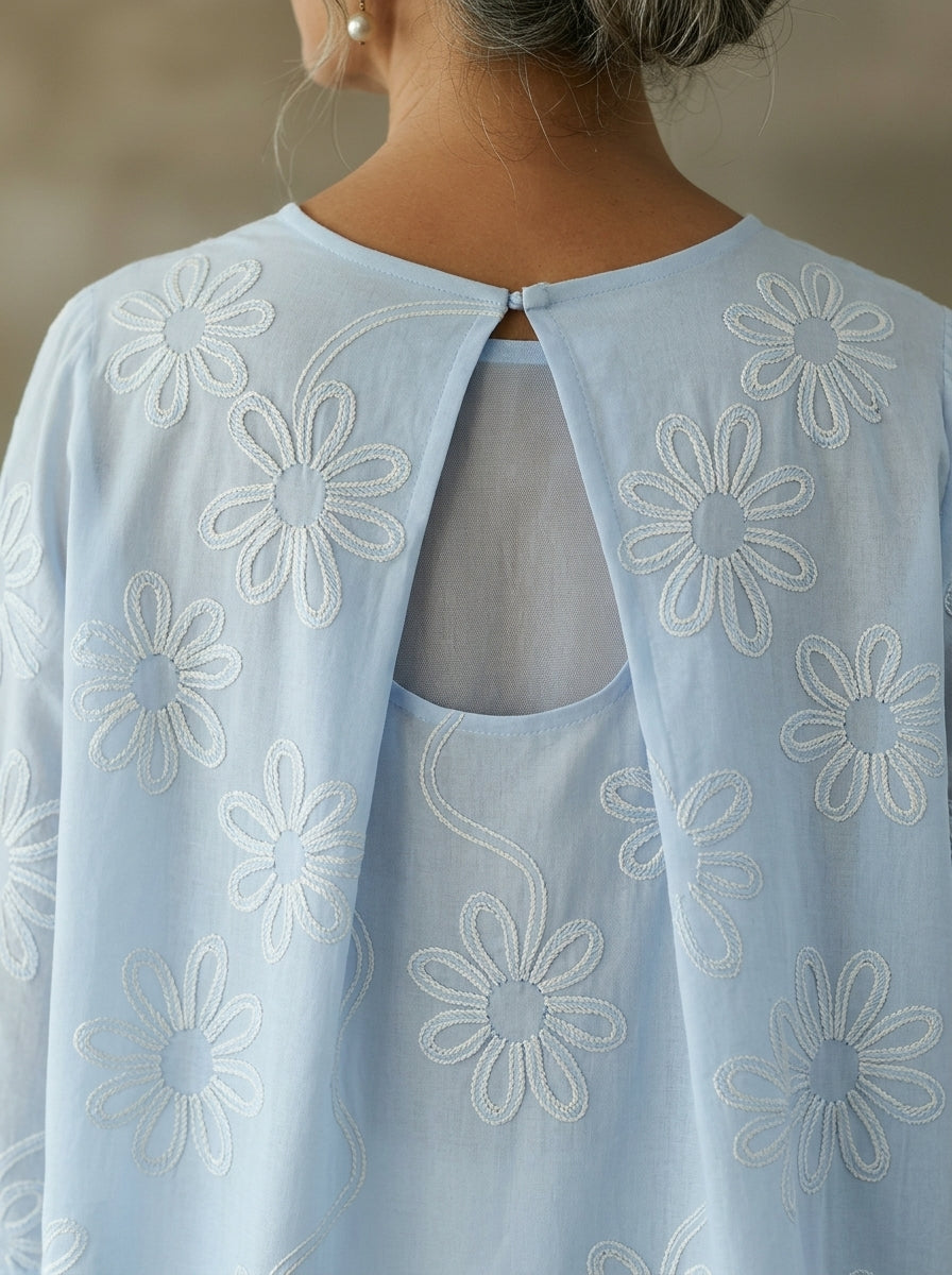 Romantic Floral Embroidered Open-Back Blouse in Light Blue - Round Neck Keyhole Cutout Top