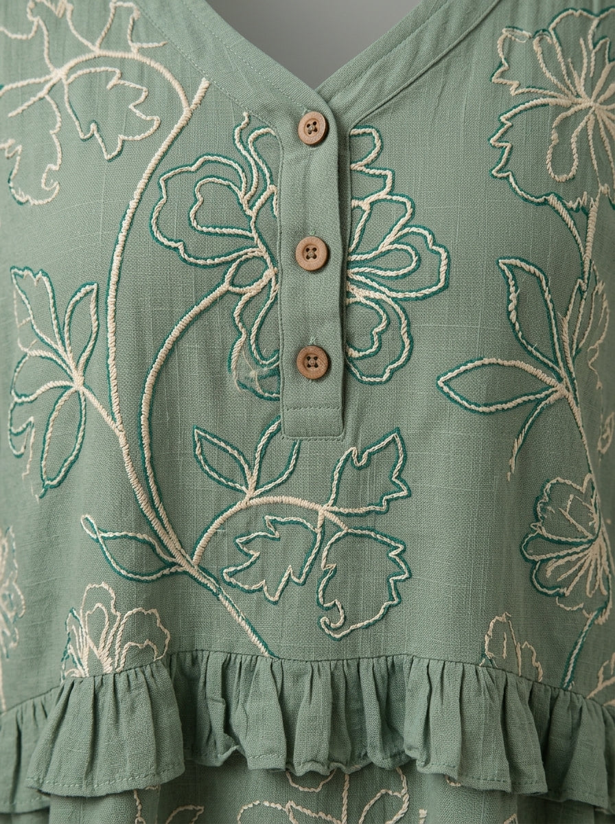 Retro Floral Embroidered V-Neck Ruffle Blouse in Sage Green - Button Placket 3/4 Sleeve Top