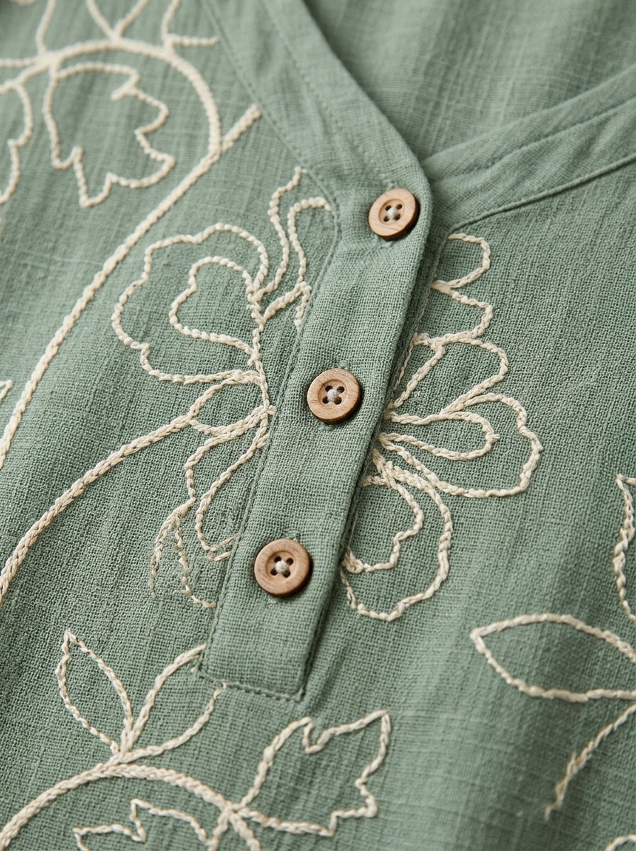 Retro Floral Embroidered V-Neck Ruffle Blouse in Sage Green - Button Placket 3/4 Sleeve Top